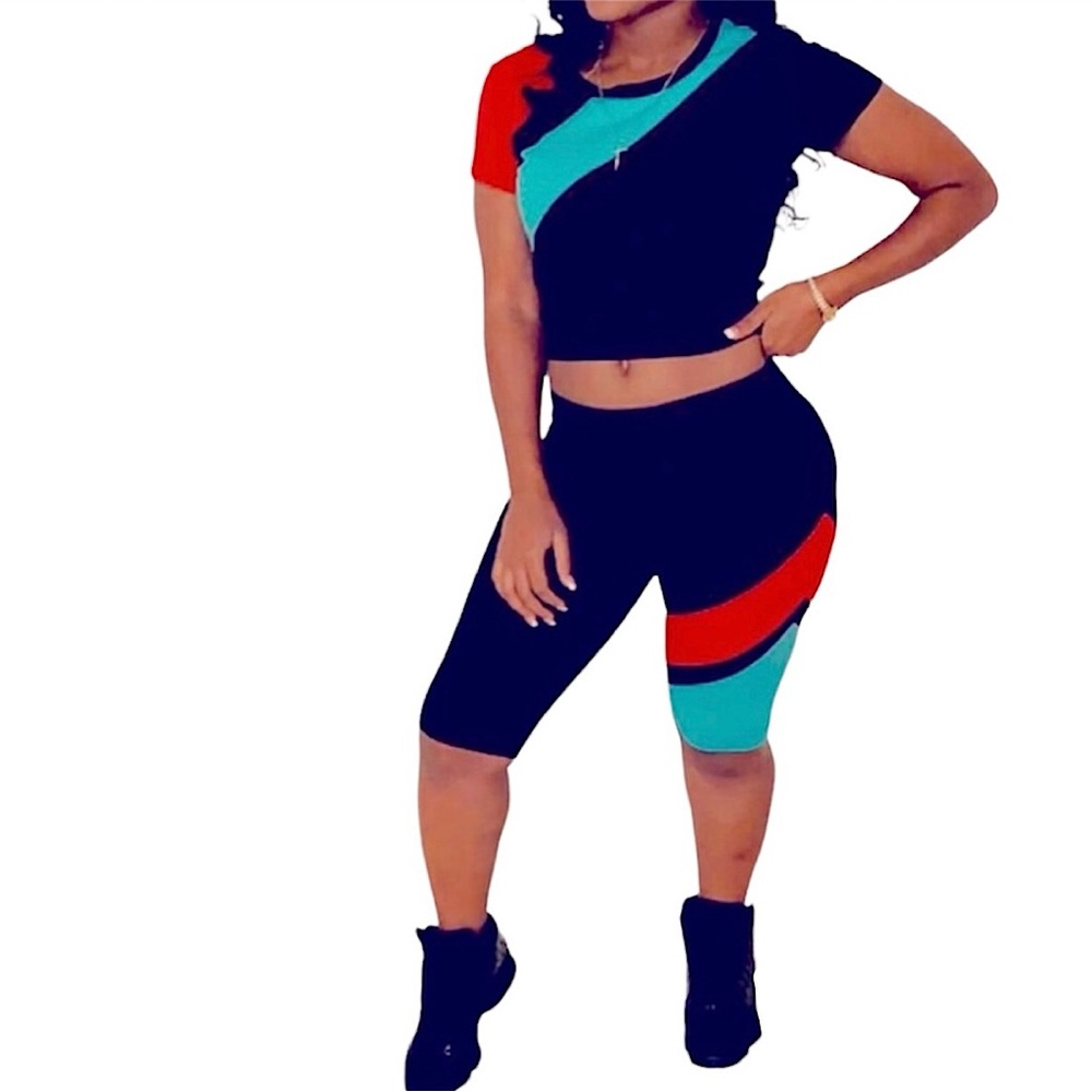 Black two-piece set red & blue stripes, S shirt , L pants . Camp is the brand.